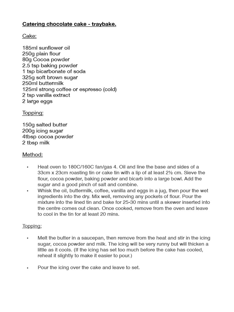 Chocolate Traybake Cake Recipe | PDF