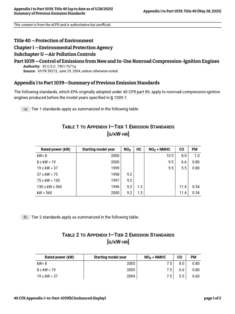 Nonroad Engine Emission Standards Summary | PDF | Emission Standard ...