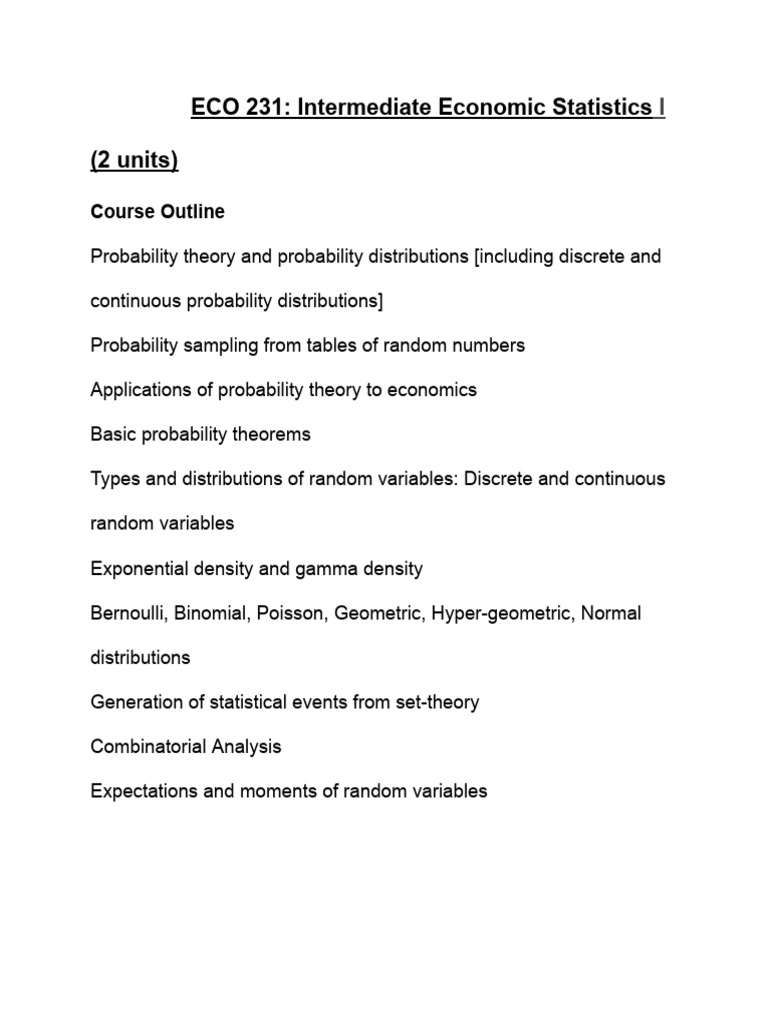 ECO 231: Intermediate Economic Statistics | PDF | Probability ...