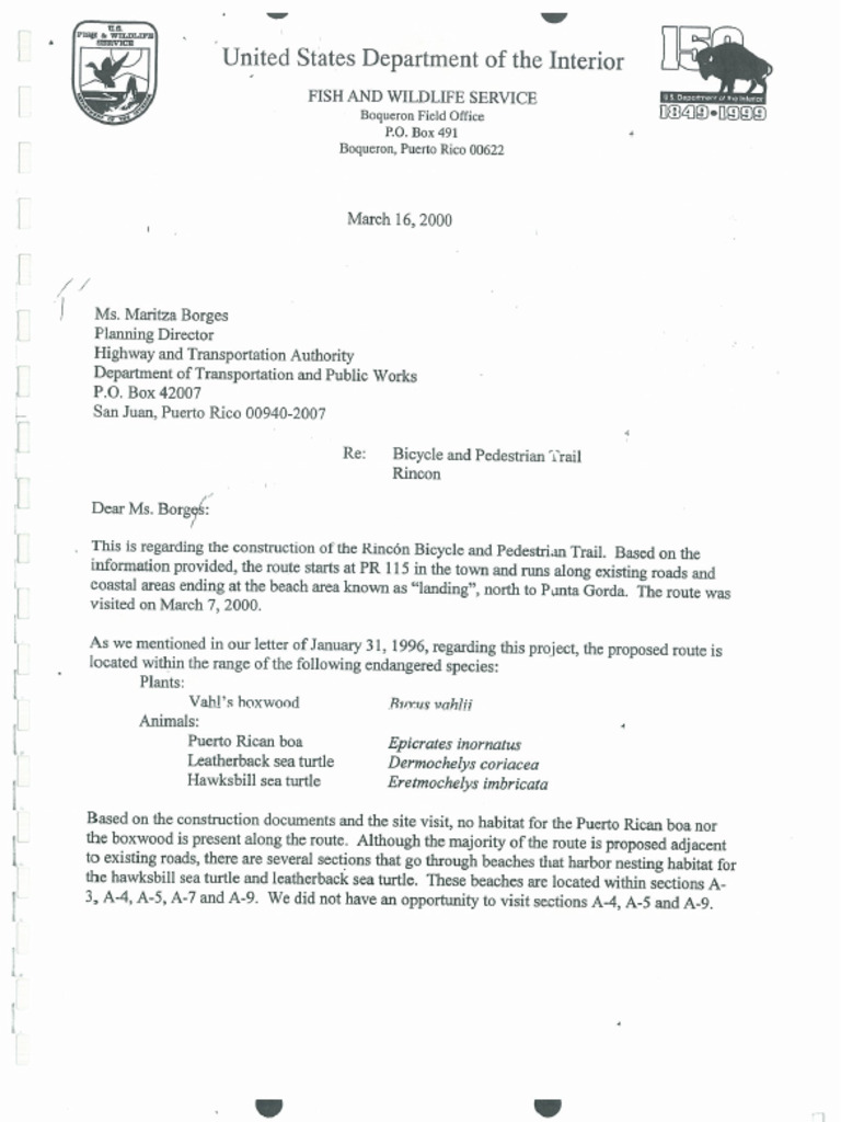 FWS March 16 2000 Letter Rincon Bicyle and Pedestrian Route Project | PDF