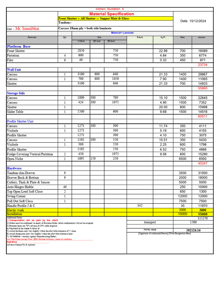 Kitchen Quotation and Material Specs | PDF