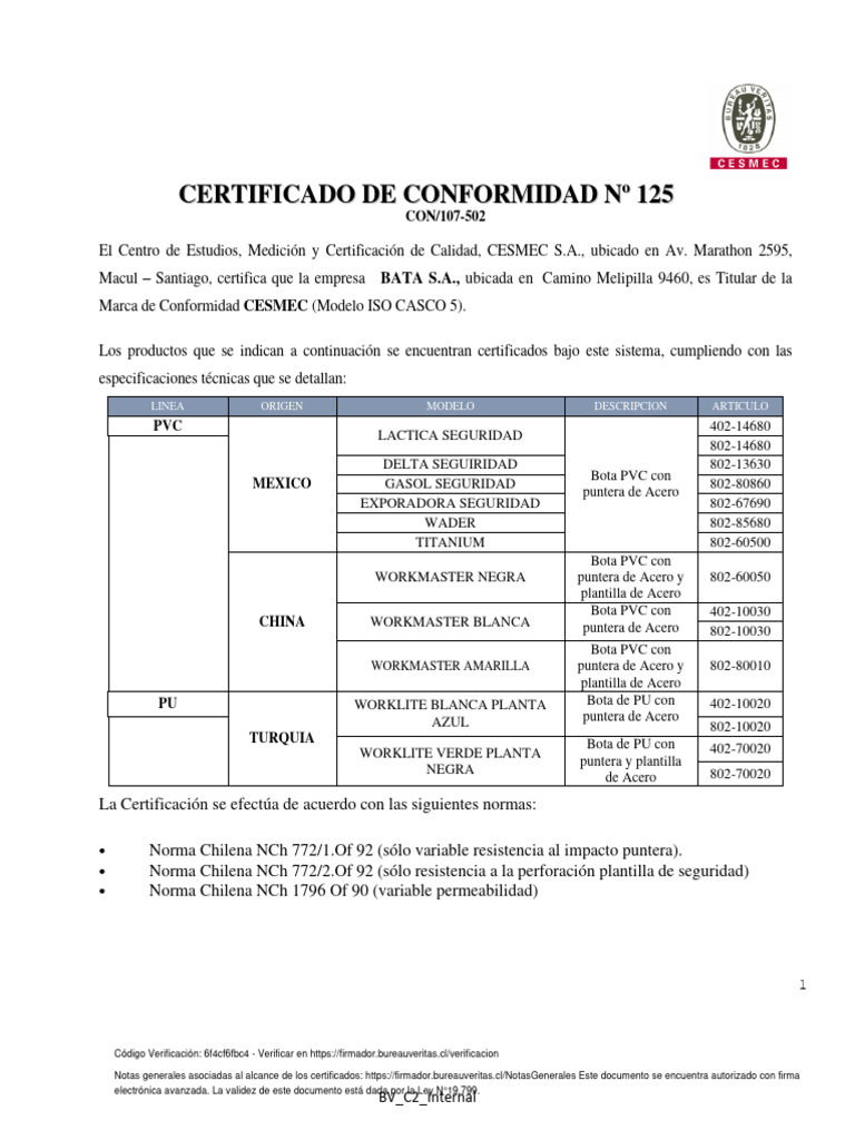 Certificado Cesmec Bata Industrials Bota PVC Pu Agosto 2024 125 1 | PDF
