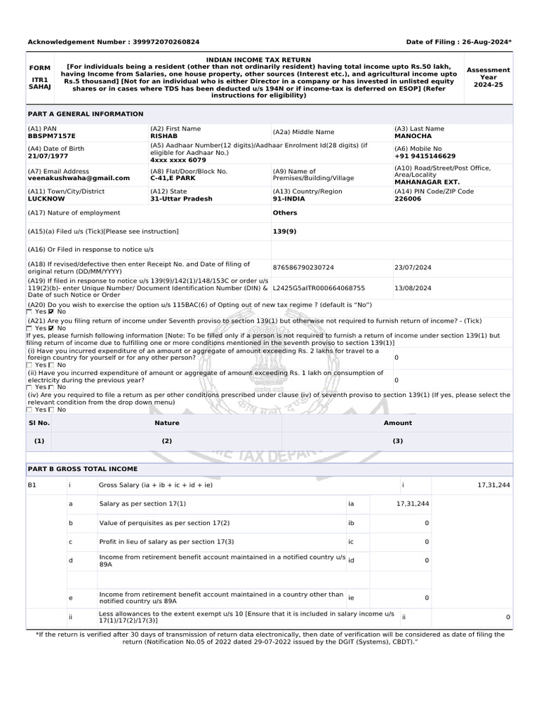 ITR1 Income Tax Return 2024-25 Form | PDF | Taxes | Government Finances