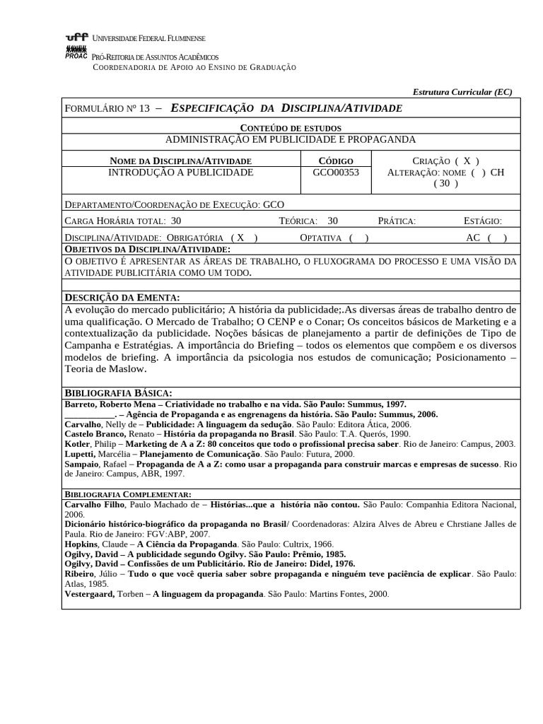 Estrutura Curricular de Publicidade UFF | PDF | Publicidade | Marketing