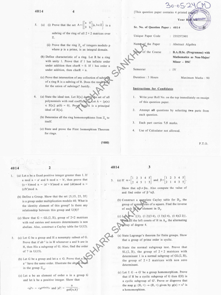 Abstract Algebra Exam Paper 4014 | PDF | Group (Mathematics) | Ring ...