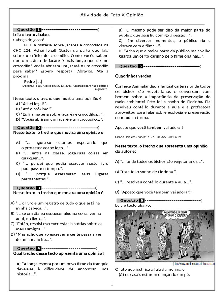 Atividade: Fato e Opinião 5º Ano | PDF