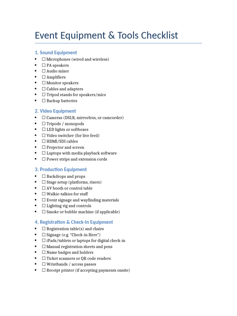 Event Equipment Checklist | PDF