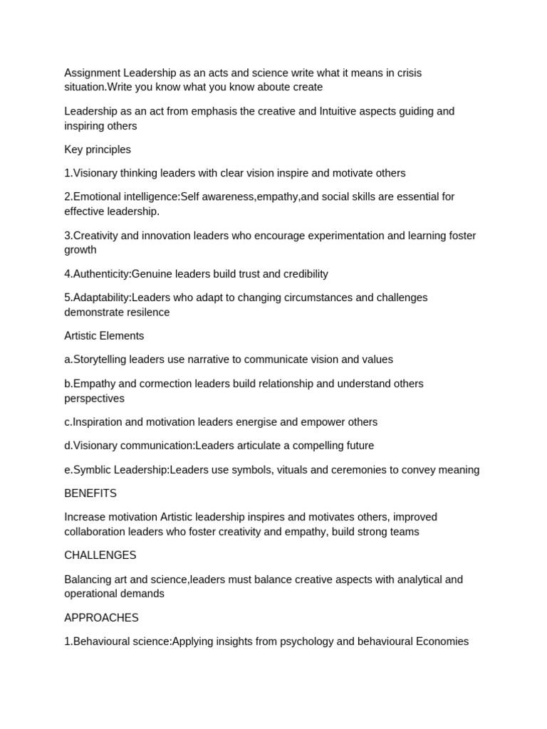 Assignment Leadership As An Acts and Science Write What It Means in ...