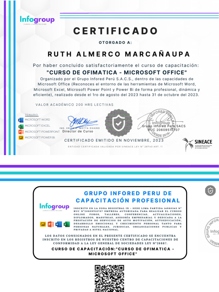 Certificado de Curso de Ofimática 2023 | PDF
