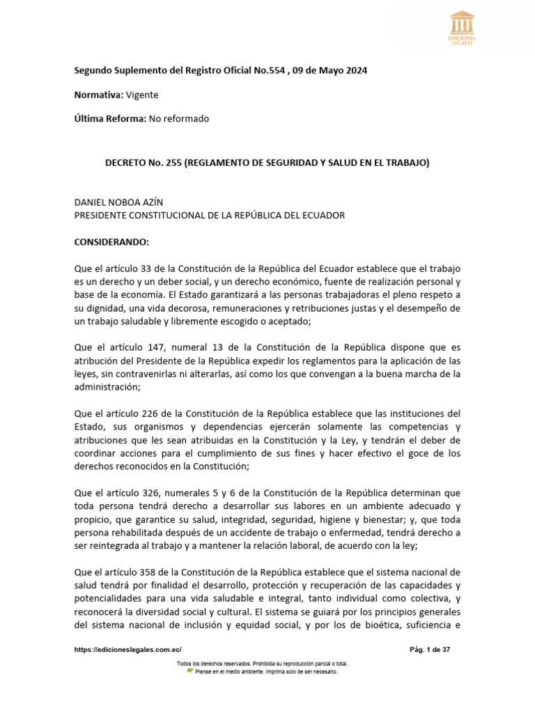 Reglamento de Seguridad y Salud Laboral en Ecuador | PDF | Seguridad y ...