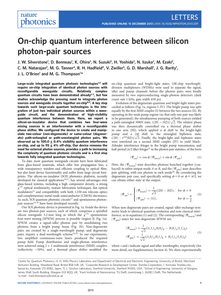 On-Chip Quantum Interference in Silicon | PDF | Photon | Interferometry