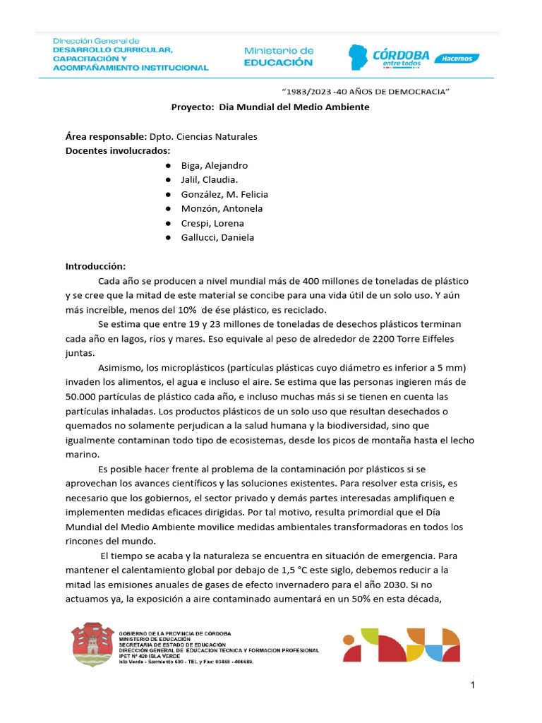 Proyecto - Dia Mundial Del Medio Ambiente 2023 | PDF | El plastico ...