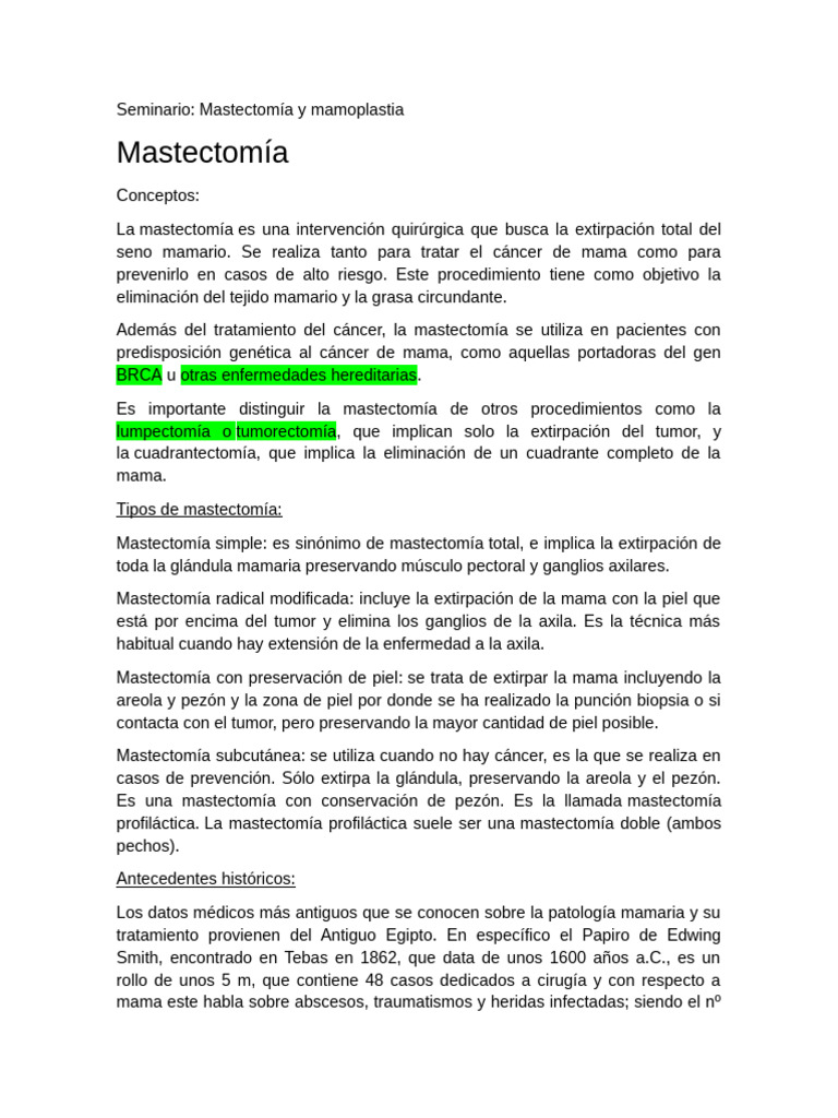 Seminario Mastectomia y Mamoplastia | PDF | Pecho | Mastectomía