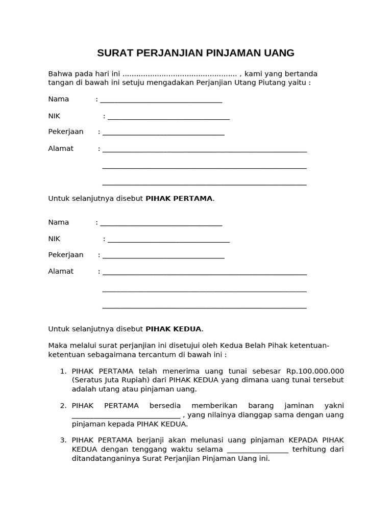 Contoh Surat Perjanjian Pinjaman Uang | PDF