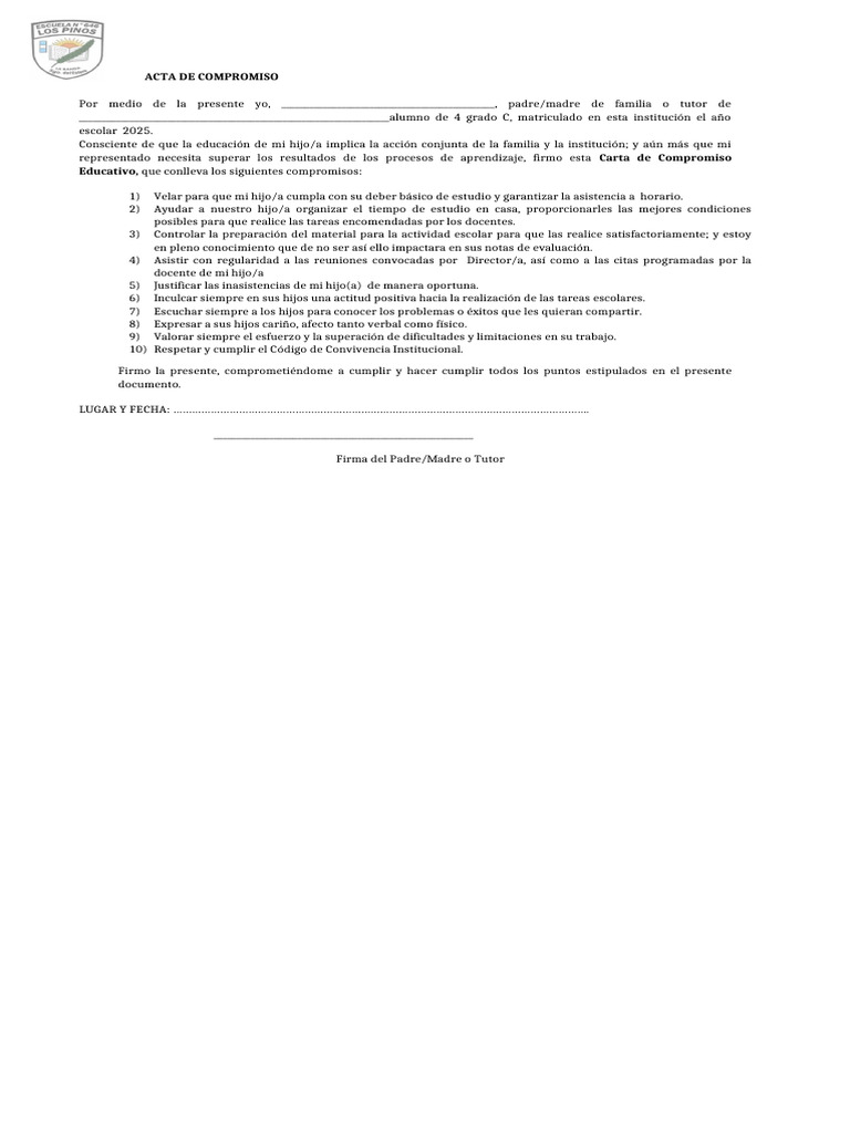 Acta de Compromiso para Padres de Familia | PDF
