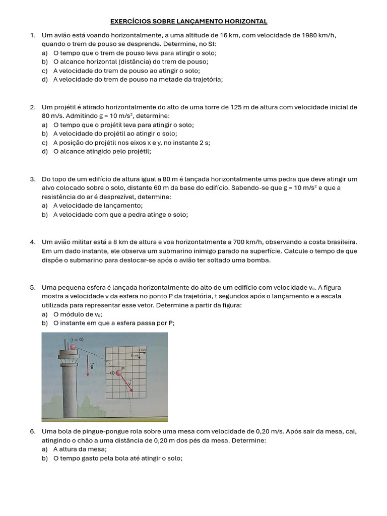 Exercícios de Lançamento Horizontal | PDF | Cinemática | Velocidade