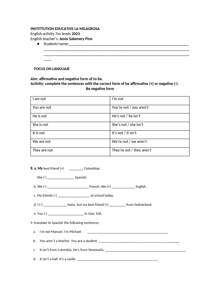 Affirmative and Negative Form of To Be 9 Levels. | PDF