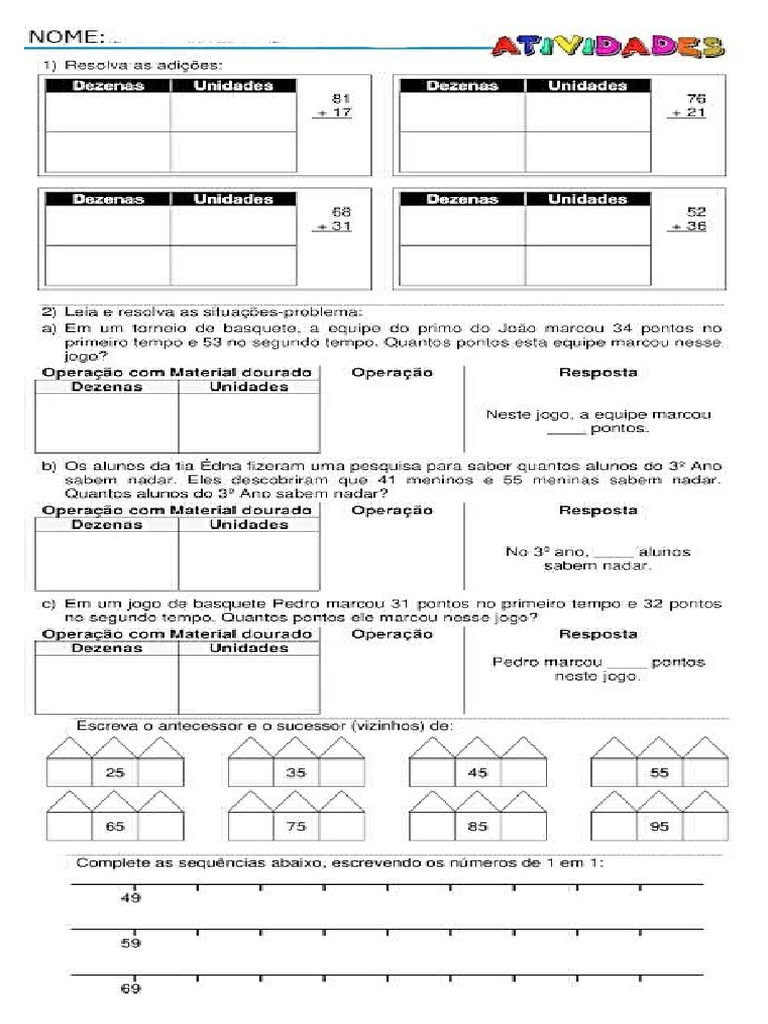 Adição Sucessor e Antecessor 3º Ano Matemática | PDF