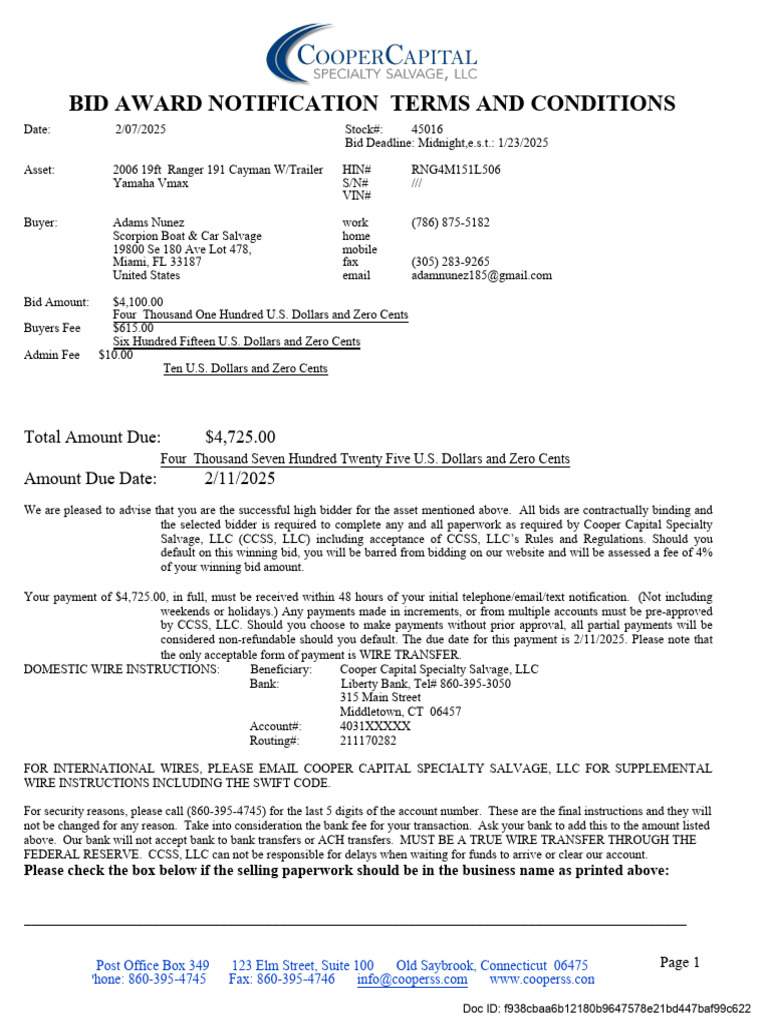 Bid Award Notification for Asset Purchase | PDF | Wire Transfer | Banks