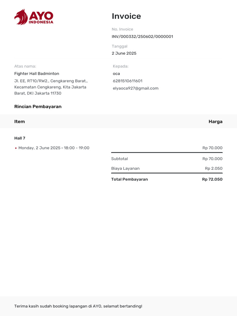 Invoice Pembayaran Hall Badminton 2 Juni | PDF