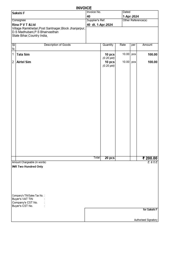 Invoice for SIM Cards - April 2024 | PDF