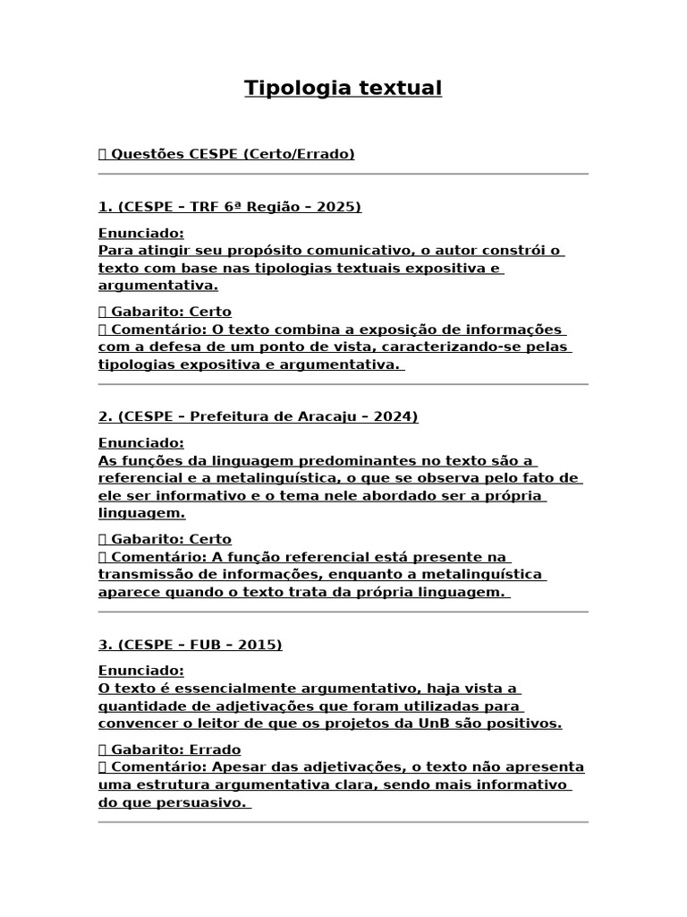 Exercícios de Tipologia Textual com Gabarito | PDF