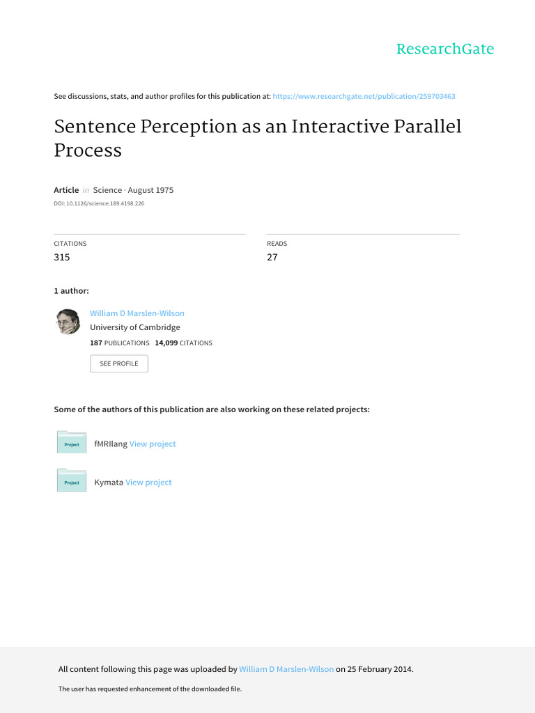 Marslen-Wilson Science 1975 | PDF | Word | Cognition