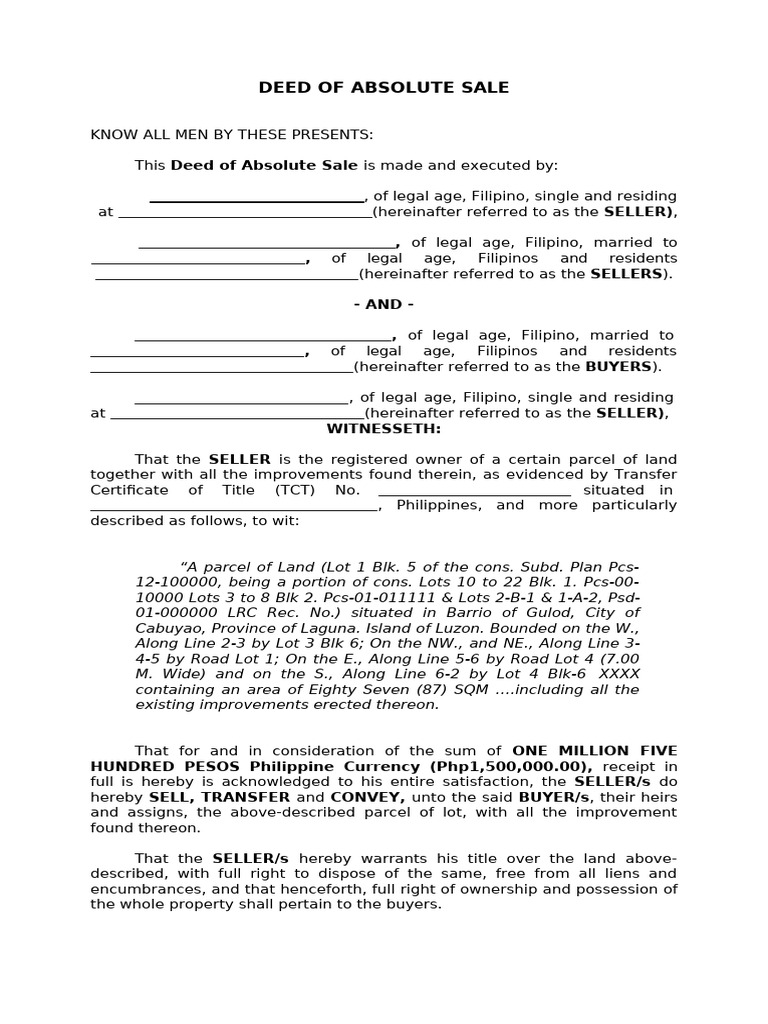 Deed of Absolute Sale Template | PDF | Deed | Sales