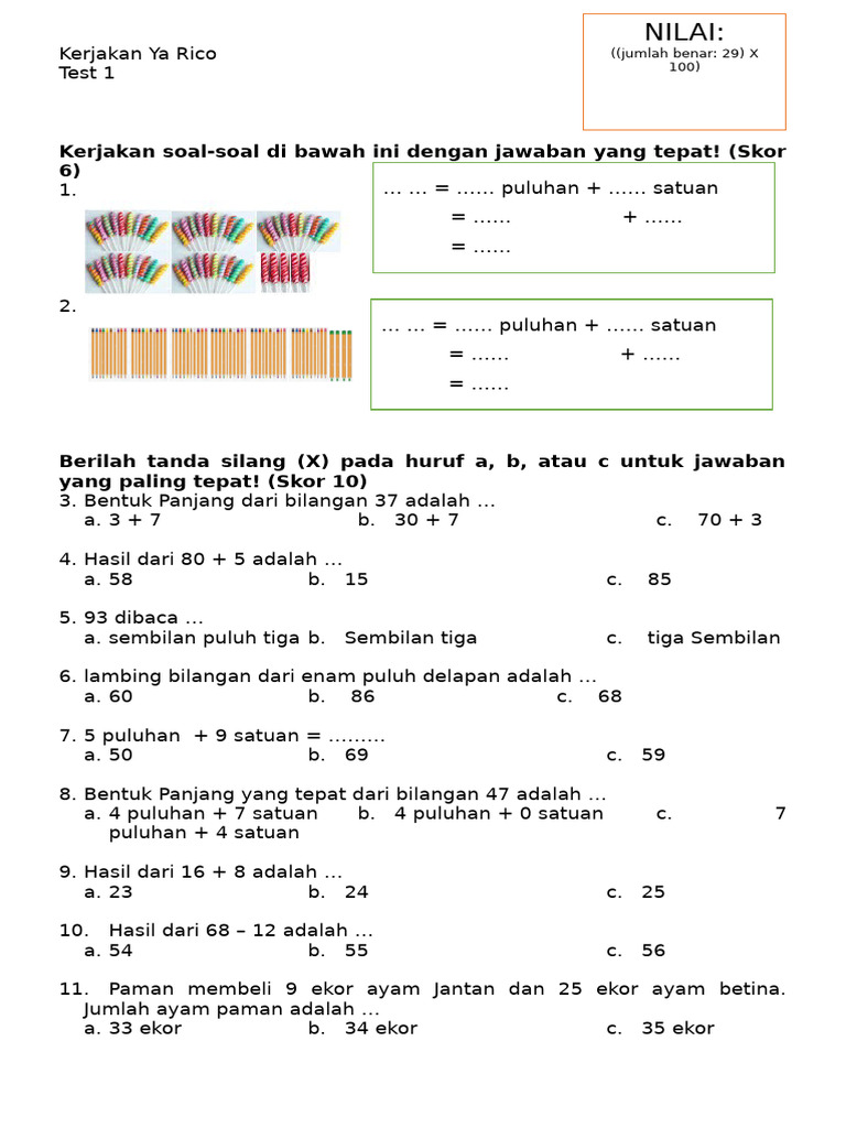 Latihan Soal Mata Pelajaran Matematika 2 Untuk Rico | PDF