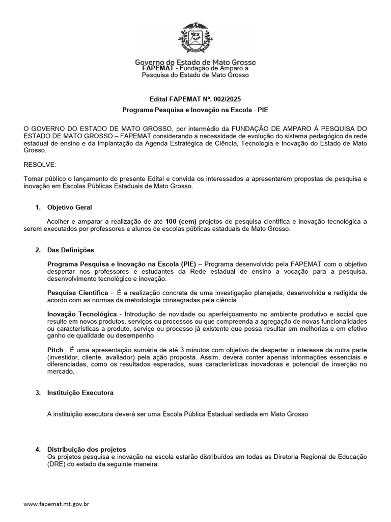 Edital FAPEMAT Pesquisa E Inova o Escolar PDF Inova o 