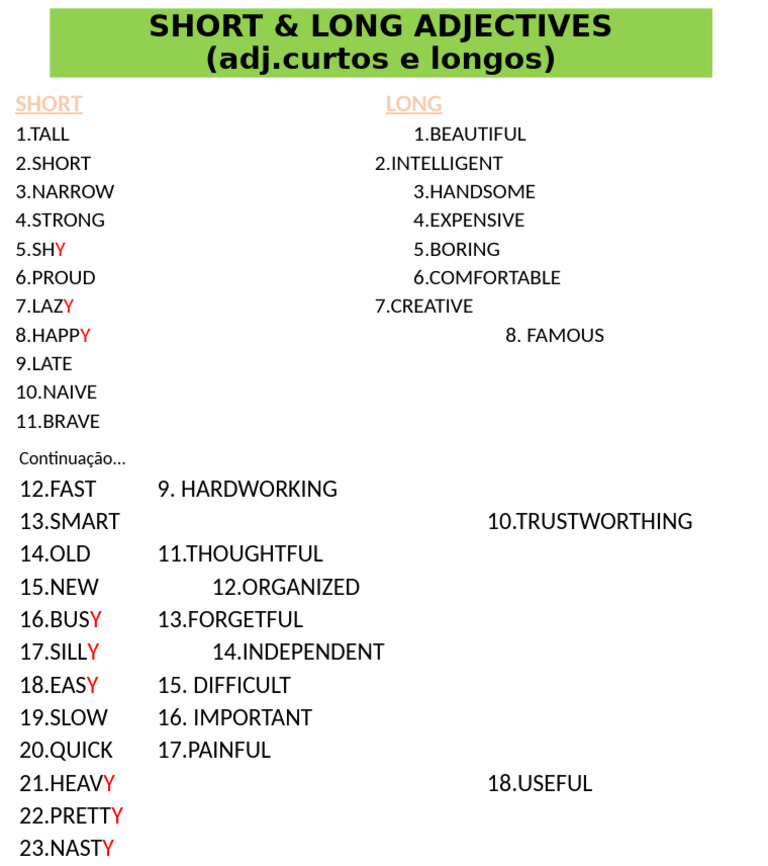 1) List Short & Long Adjectives (Adj | PDF