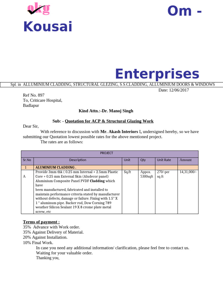 Quotation for ACP Work at Criticare Hospital | PDF | Screw | Aluminium