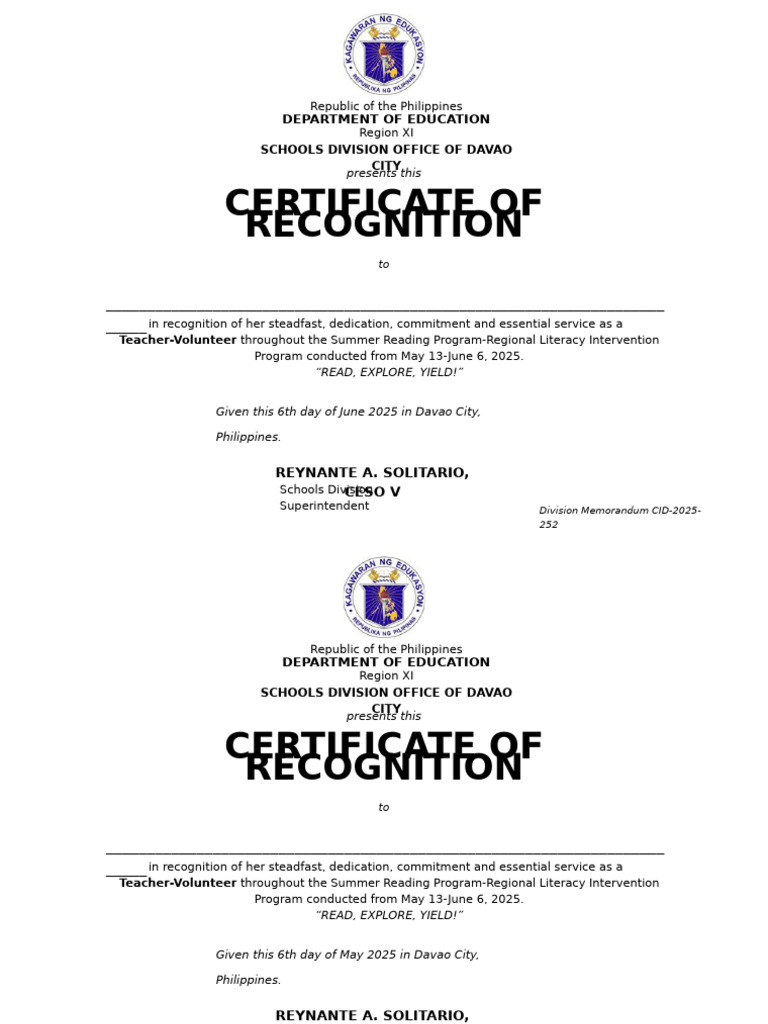 Certificate of Recognition for Teacher-Volunteer | PDF | Learning ...