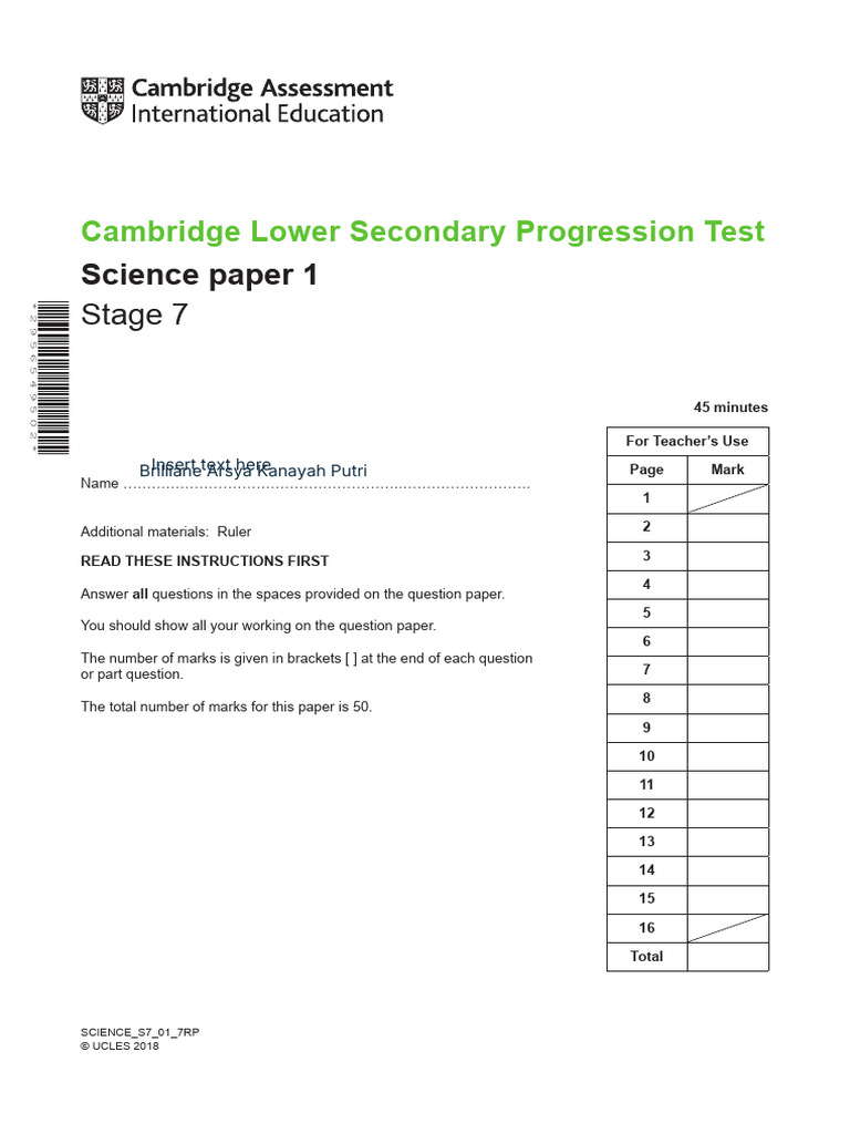 Cambridge Science Test Stage 7 | PDF | Planets | Plants