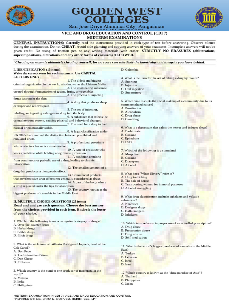 Cdi 7 Summer Mid Exam | PDF | Drugs | Illegal Drug Trade