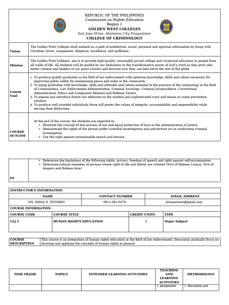 CLJ 2 Human Rights Educ. Syllabus | PDF | Justice | Crime & Violence