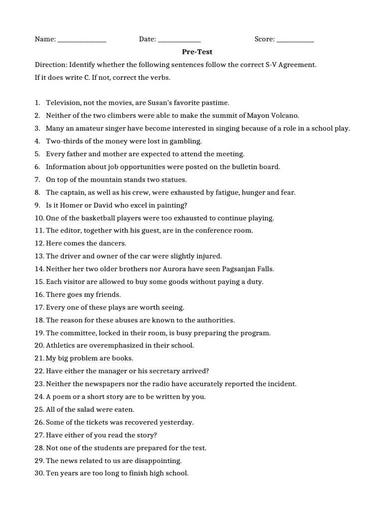 S-V Agreement Pre-Test Exercise | PDF