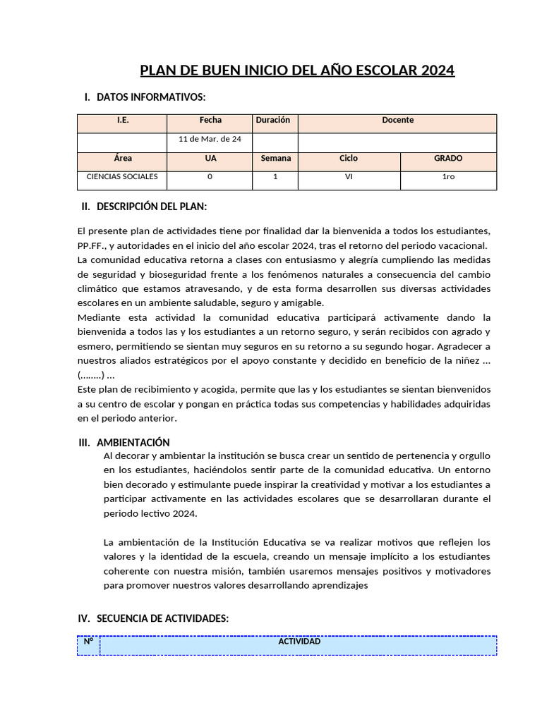 Plan de Buen Inicio Del Año Escolar 2024 | PDF | Aprendizaje