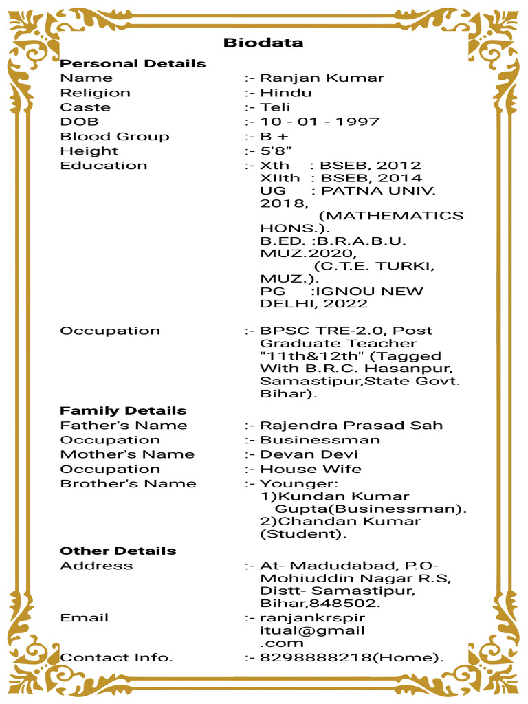 Ranjan Kumar's Detailed Biodata Profile | PDF