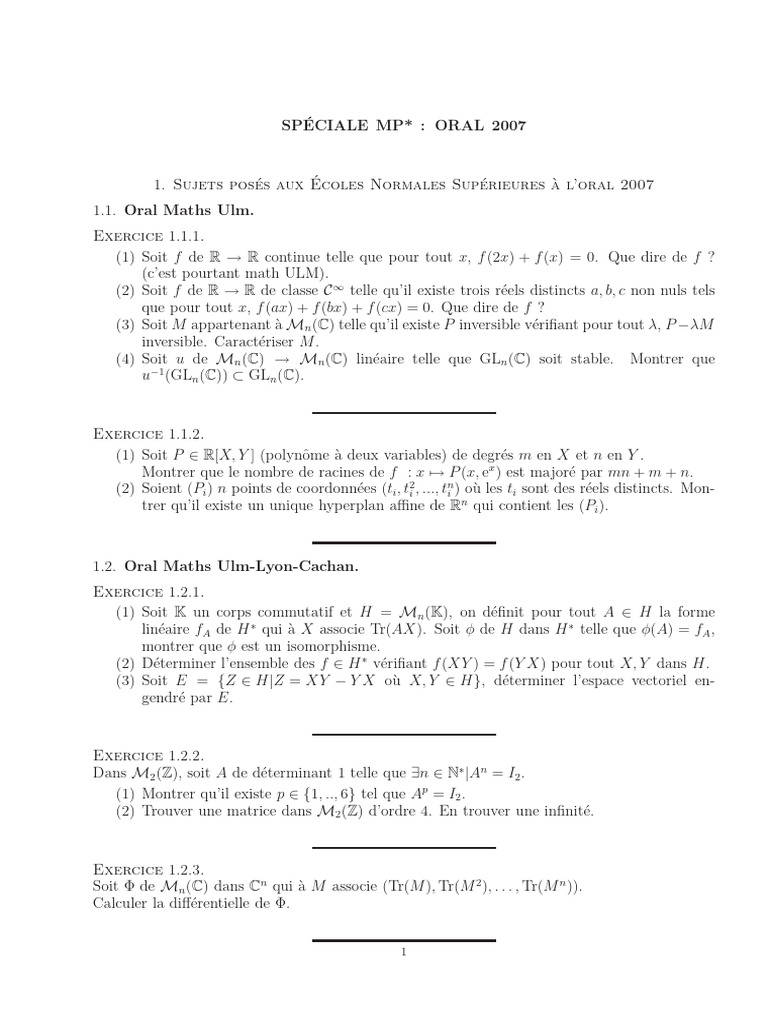 Sujets d'Oral Maths MP* 2007 | PDF | Matrice (Mathmatiques) | Zro d'une  fonction