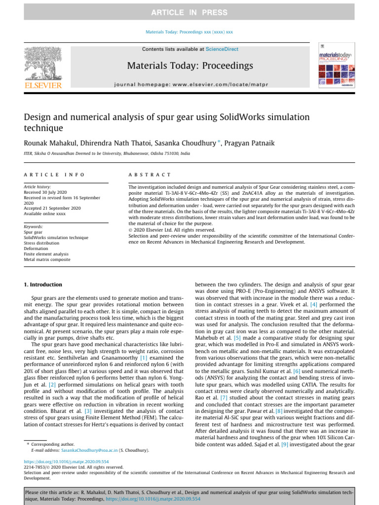 Spur Gear Design in SolidWorks Analysis | PDF | Young's Modulus ...