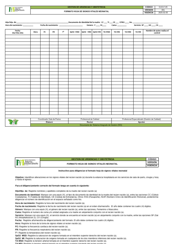 Formato de Signos Vitales Neonatales | PDF | Infantes