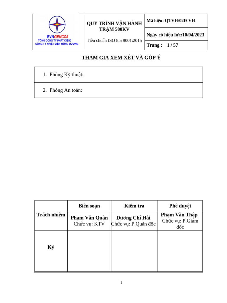 Quy Trinh Van Hanh Tram 500kv | PDF