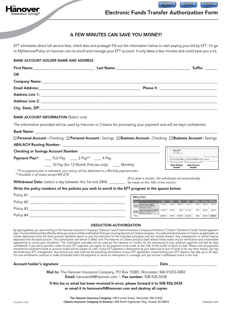 Enroll in EFT for Hanover Payments | PDF | Banks | Insurance