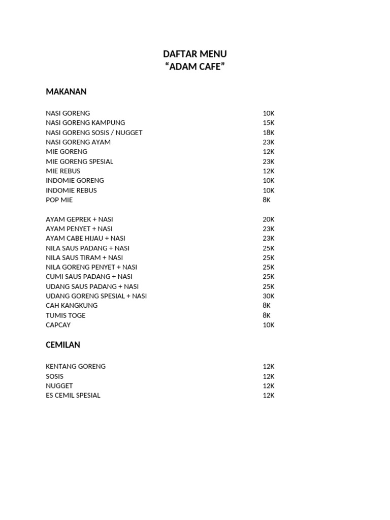 Menu Lengkap Adam Cafe | PDF