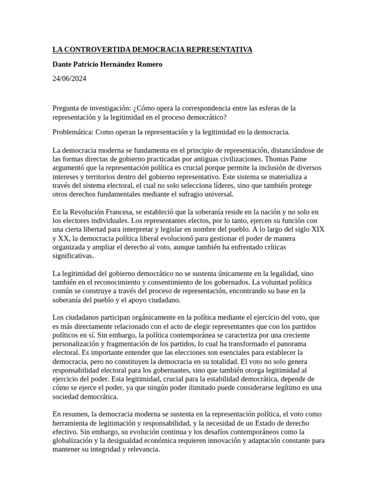 Trabajo La Controvertida Democracia Representativa | PDF | Democracia ...