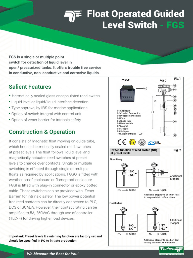 Float Operated Level Switch Features | PDF | Switch | Electrical Connector