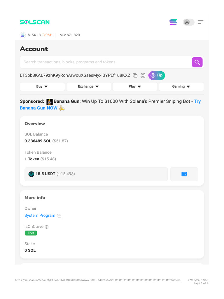 Account ET3ob8KAL79zhK9yRonArwouXSsesMyxiBYPEf1u8KXZ - Solscan | PDF |  Cryptocurrency | Cyberspace