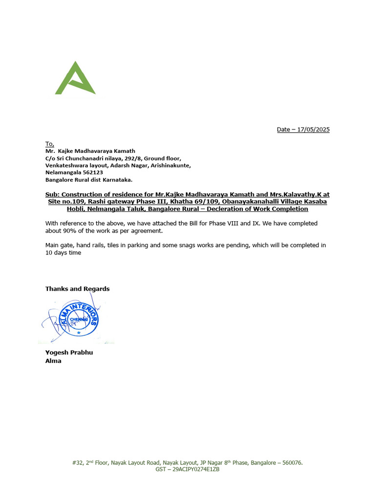 Work Completion Notice for Residence | PDF