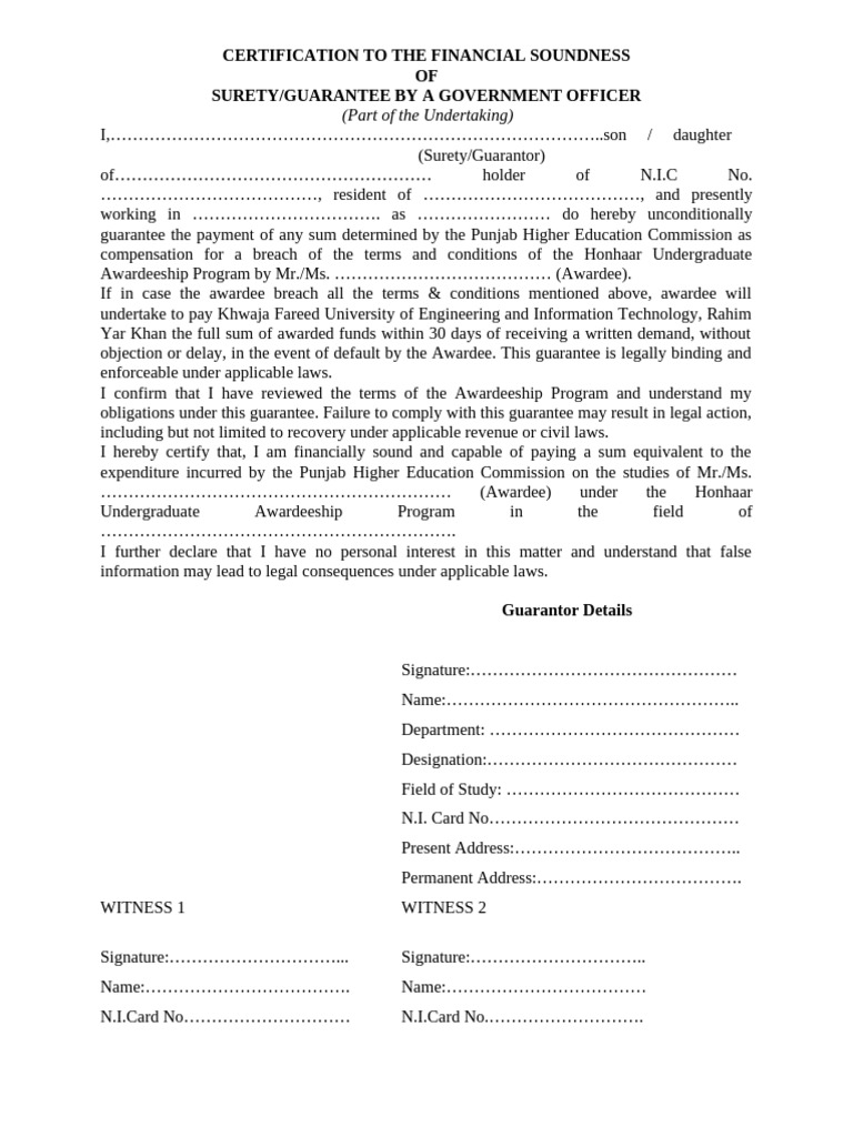 Surety Certificate for Awardeeship Program | PDF | Guarantee | Surety